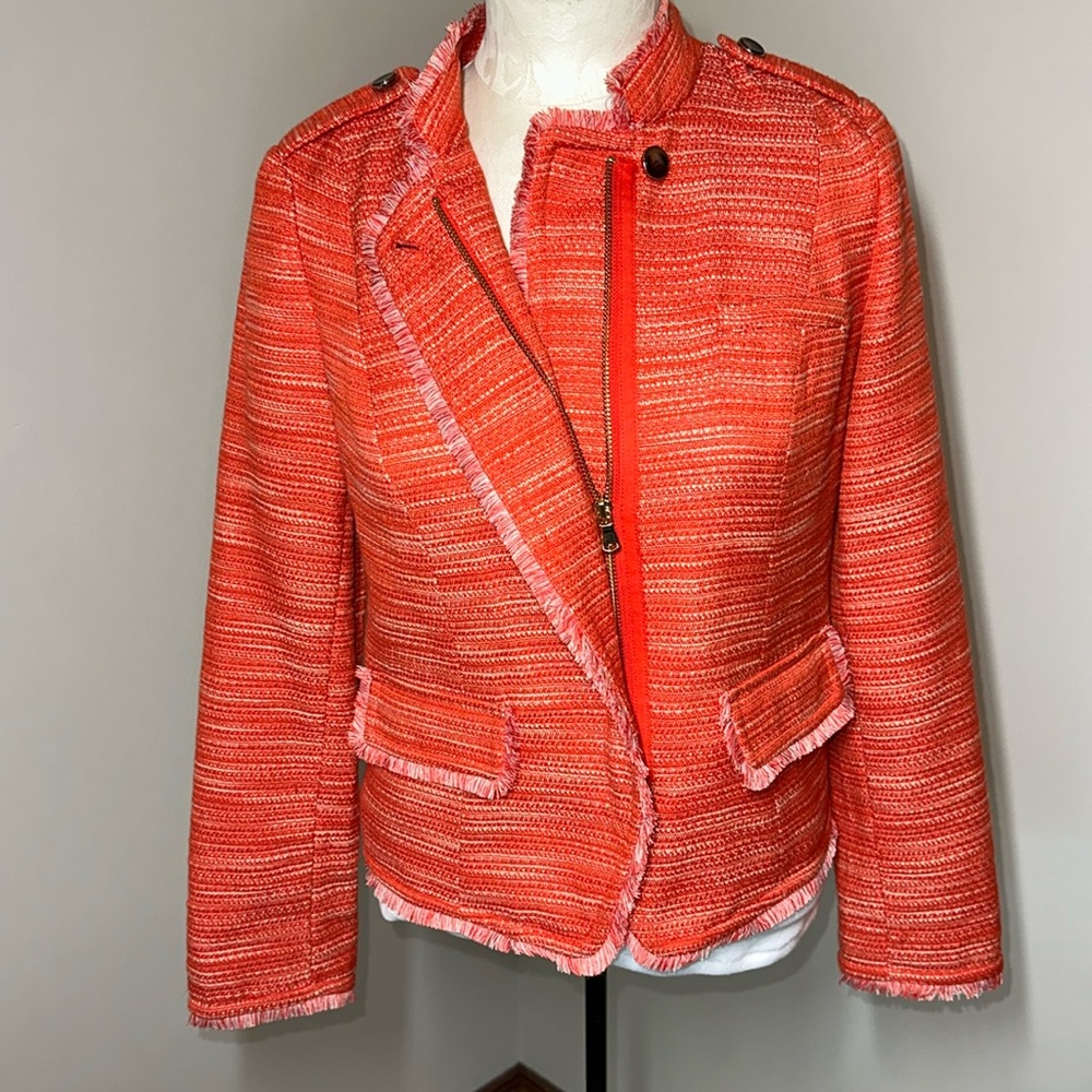 Chicos Fringe Jacket Orange Tweed Moto Asymmetrical Zip Jacket Size 4